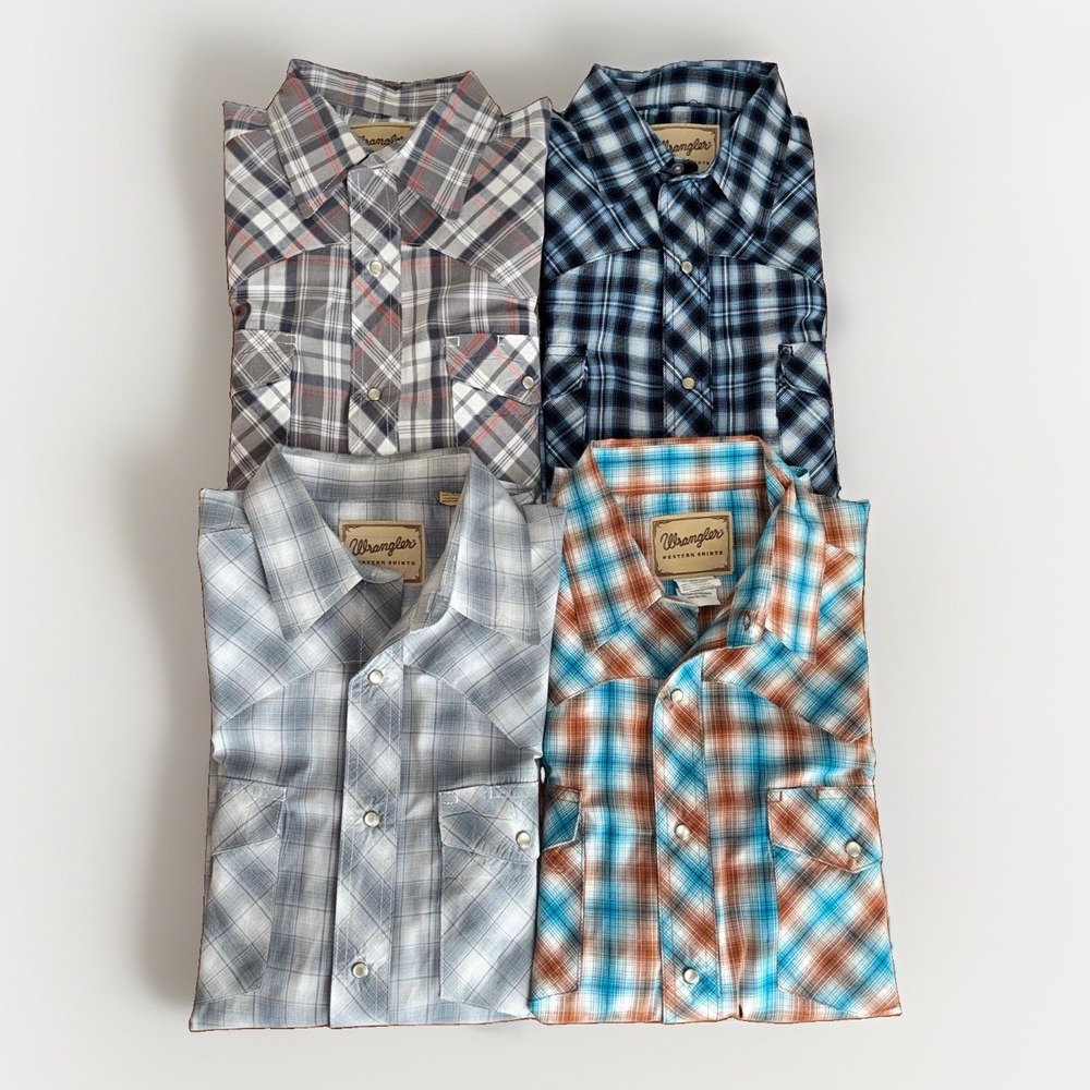 Lot of 4 Wrangler Western Wear Plaid Long Sleeve Pearl Snap Button Shirts Size L
